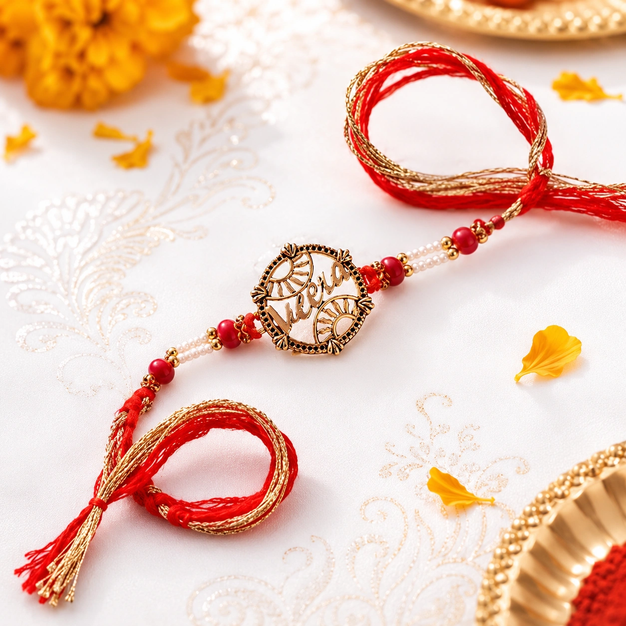 Veera Rakhi with elegant name centerpiece, pearl beads, red decorative beads, and premium red-golden thread